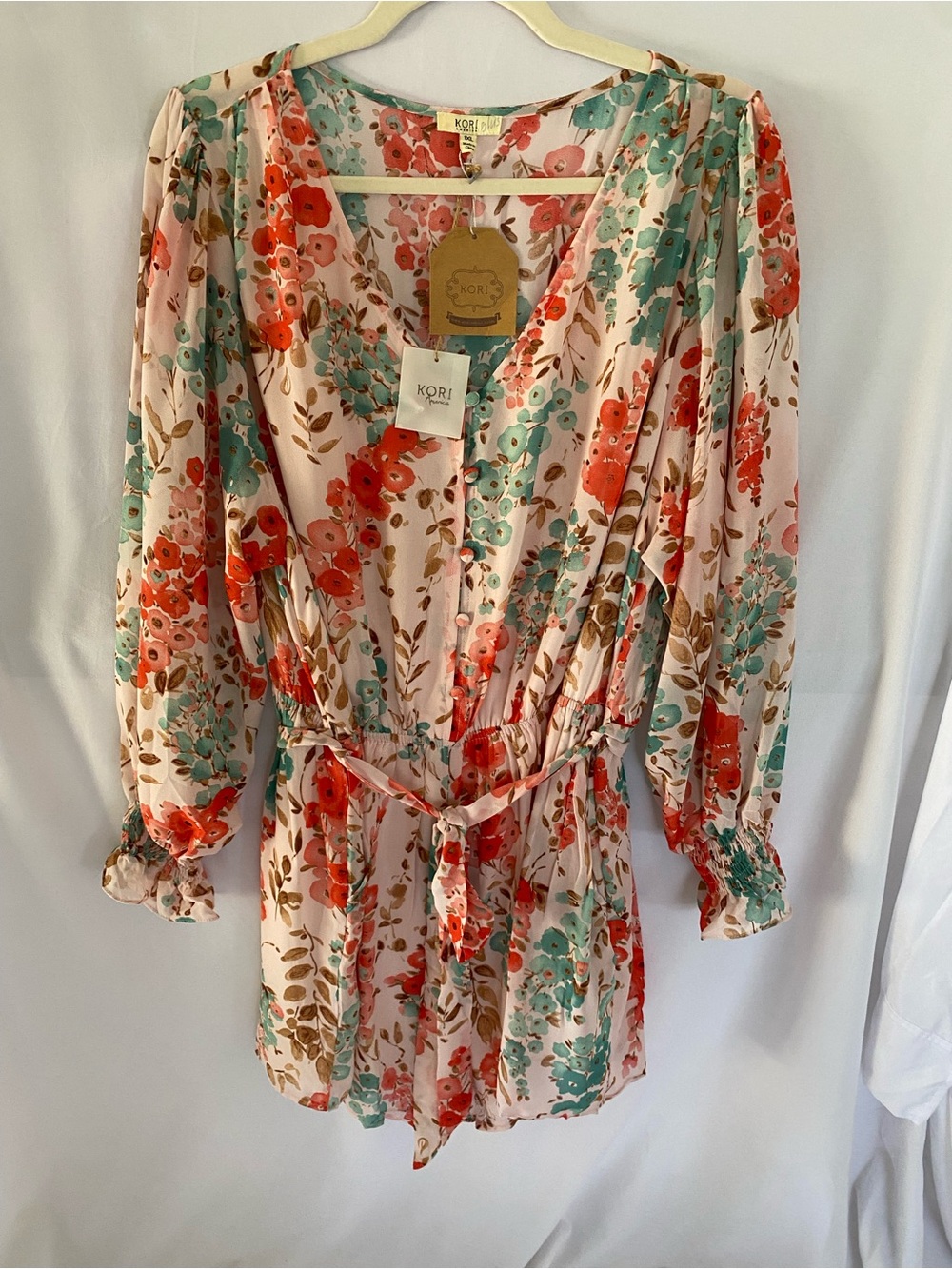 Kori america Floral Long-Sleeve Romper Lt Pink with Bold Dk Pink & Green 1XL